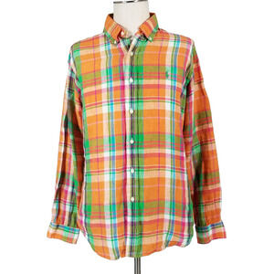 Ralph Lauren Shirt large orange plaid linen preppy luxury long sleeve tight fit